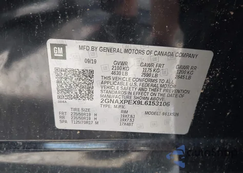 2020 Chevrolet Equinox Fwd Premier 2.0L Turbo из США, поврежденный, VIN 2GNAXPEX9L6153106